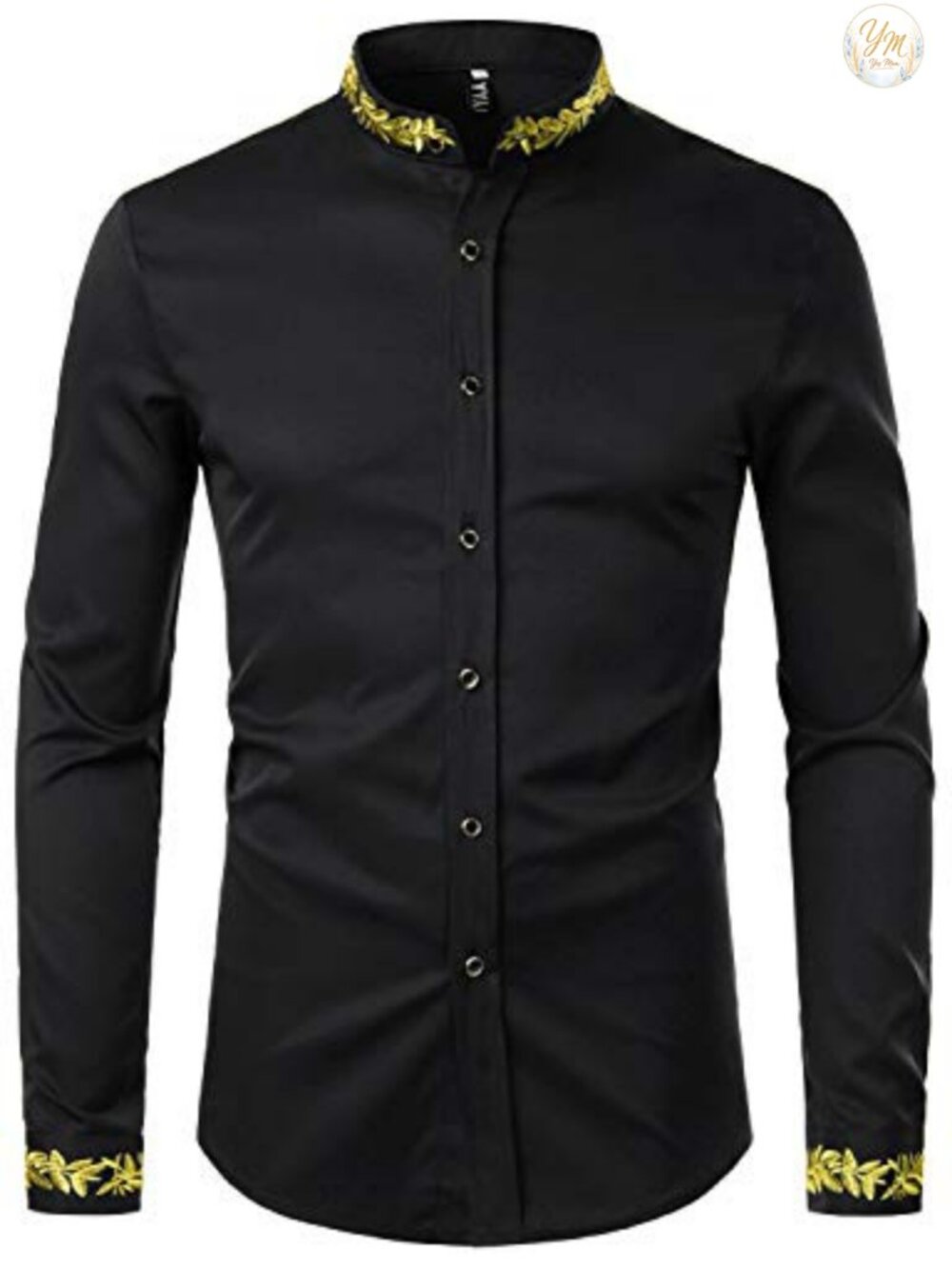 Mens Mandarin Collar Embroidery Dress Shirt Slim Fit Button-Down